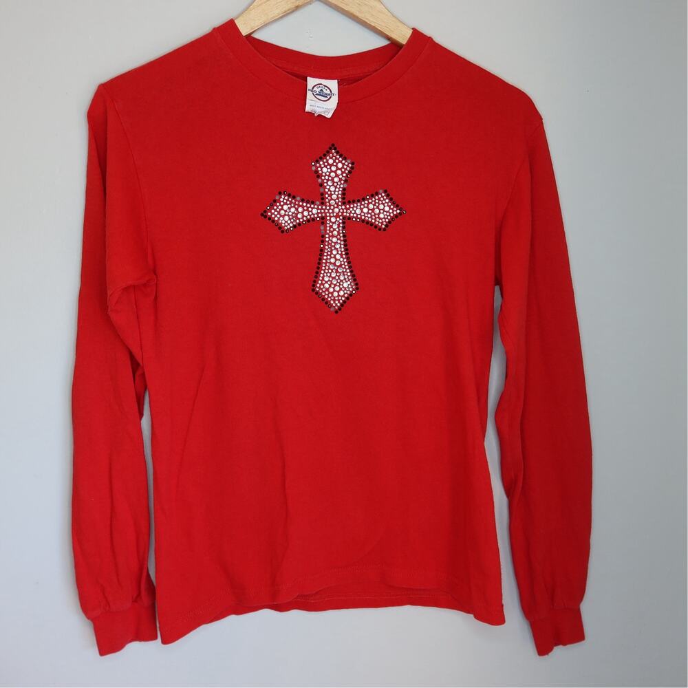 Vintage Y2K Affliction Style Red Rhinestone Cross Long Sleeve Tee Small